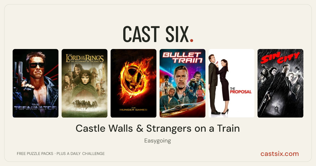 Castle Walls & Strangers on a Train: a Cast Six movie puzzle. Six movie posters in a row: The Terminator, The Lord of the Rings: The Fellowship of the Ring, The Hunger Games, Bullet Train, The Proposal, Sin City. Six movies, six categories, three checks. Free to play at castsix.com.