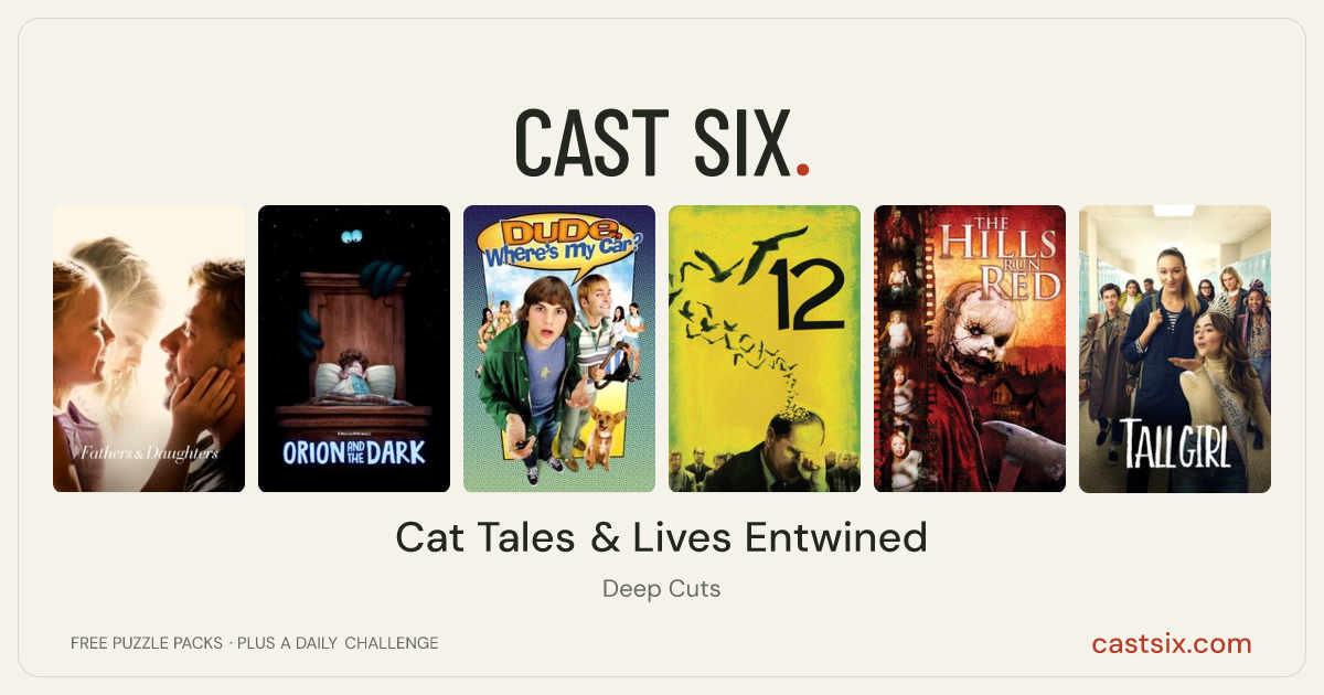 Cat Tales & Lives Entwined: a Cast Six movie puzzle. Six movie posters in a row: Fathers and Daughters, Orion and the Dark, Dude, Where's My Car?, 12, The Hills Run Red, Tall Girl. Six movies, six categories, three checks. Free to play at castsix.com.