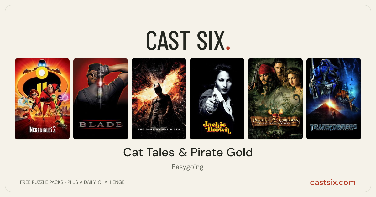 Cat Tales & Pirate Gold: a Cast Six movie puzzle. Six movie posters in a row: Incredibles 2, Blade, The Dark Knight Rises, Jackie Brown, Pirates of the Caribbean: Dead Man's Chest, Transformers: Revenge of the Fallen. Six movies, six categories, three checks. Free to play at castsix.com.