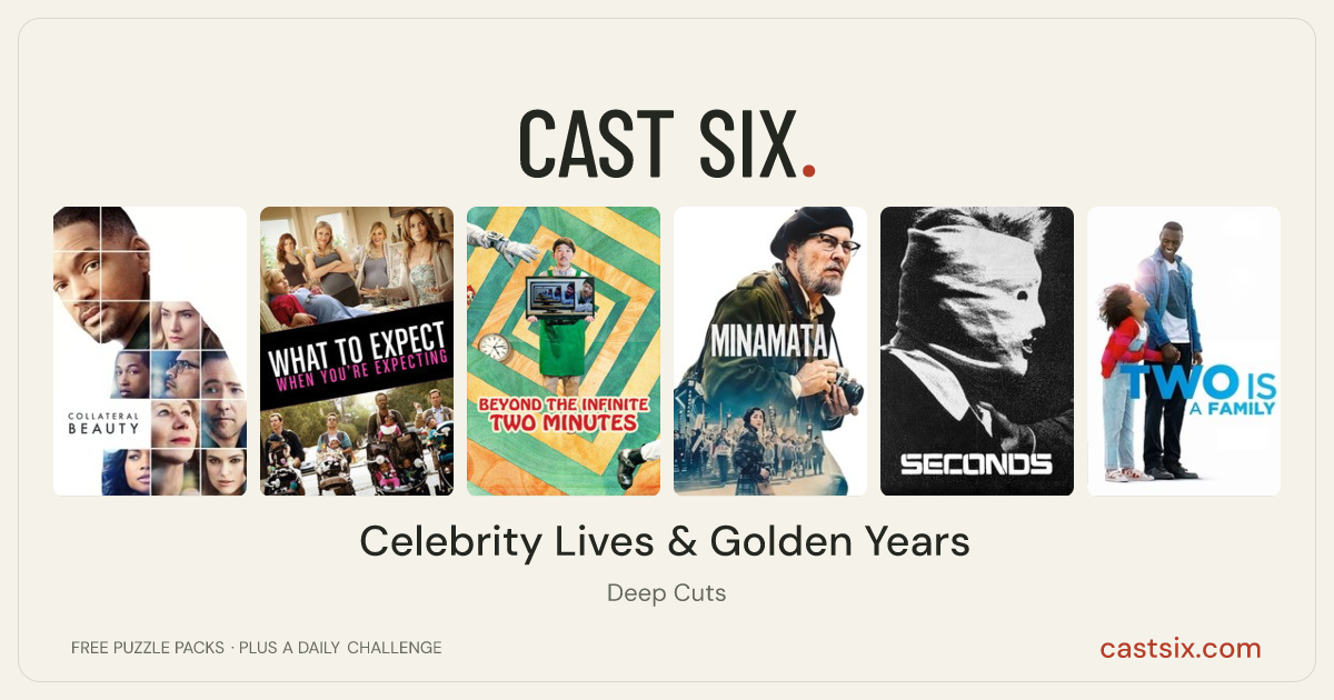Celebrity Lives & Golden Years: a Cast Six movie puzzle. Six movie posters in a row: Collateral Beauty, What to Expect When You're Expecting, Beyond the Infinite Two Minutes, Minamata, Seconds, Two Is a Family. Six movies, six categories, three checks. Free to play at castsix.com.