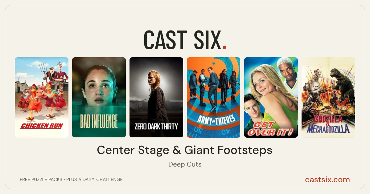 Center Stage & Giant Footsteps: a Cast Six movie puzzle. Six movie posters in a row: Chicken Run, Bad Influence, Zero Dark Thirty, Army of Thieves, Get Over It, Godzilla vs. Mechagodzilla. Six movies, six categories, three checks. Free to play at castsix.com.