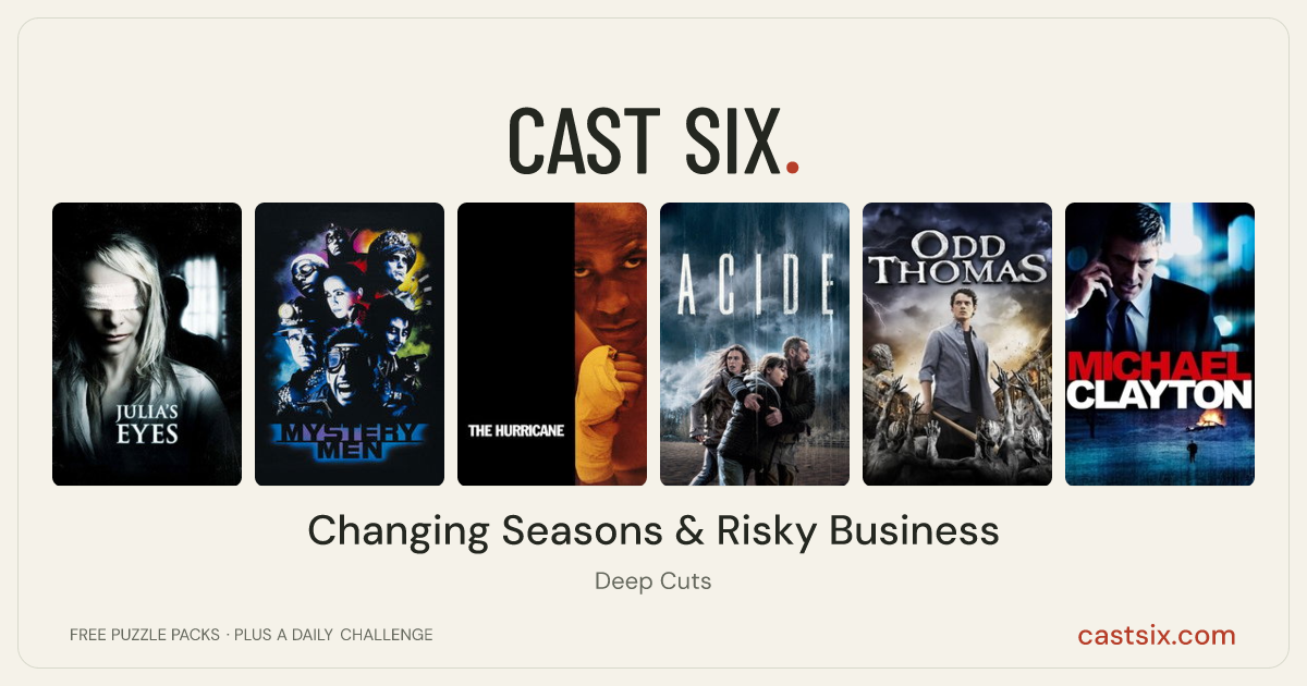 Changing Seasons & Risky Business: a Cast Six movie puzzle. Six movie posters in a row: Julia's Eyes, Mystery Men, The Hurricane, Acid, Odd Thomas, Michael Clayton. Six movies, six categories, three checks. Free to play at castsix.com.