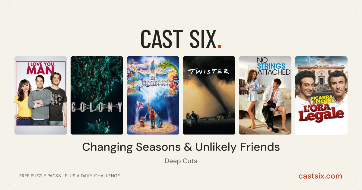 Changing Seasons & Unlikely Friends: a Cast Six movie puzzle. Six movie posters in a row: I Love You, Man, Colony, The Pagemaster, Twister, No Strings Attached, It’s the Law. Six movies, six categories, three checks. Free to play at castsix.com.