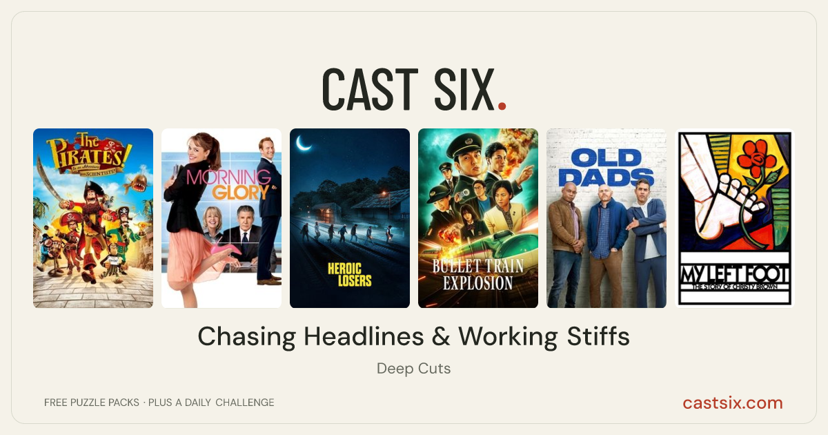Chasing Headlines & Working Stiffs: a Cast Six movie puzzle. Six movie posters in a row: The Pirates! In an Adventure with Scientists!, Morning Glory, Heroic Losers, Bullet Train Explosion, Old Dads, My Left Foot: The Story of Christy Brown. Six movies, six categories, three checks. Free to play at castsix.com.