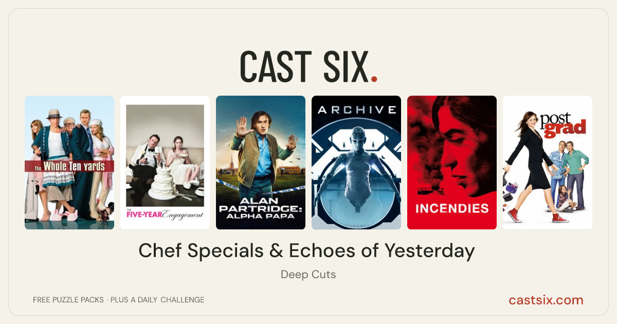 Chef Specials & Echoes of Yesterday: a Cast Six movie puzzle. Six movie posters in a row: The Whole Ten Yards, The Five-Year Engagement, Alan Partridge: Alpha Papa, Archive, Incendies, Post Grad. Six movies, six categories, three checks. Free to play at castsix.com.