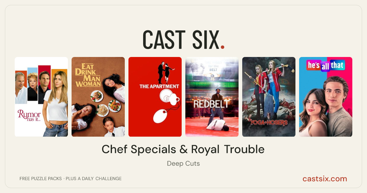 Chef Specials & Royal Trouble: a Cast Six movie puzzle. Six movie posters in a row: Rumor Has It..., Eat Drink Man Woman, The Apartment, Redbelt, Yoga Hosers, He's All That. Six movies, six categories, three checks. Free to play at castsix.com.