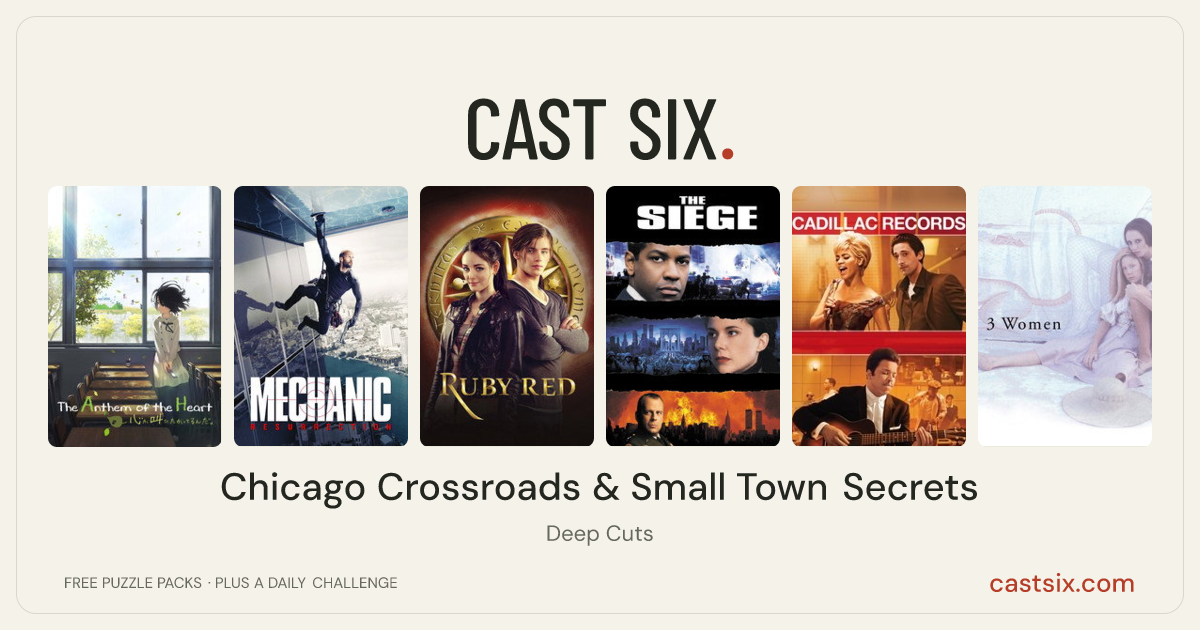 Chicago Crossroads & Small Town Secrets: a Cast Six movie puzzle. Six movie posters in a row: The Anthem of the Heart, Mechanic: Resurrection, Ruby Red, The Siege, Cadillac Records, 3 Women. Six movies, six categories, three checks. Free to play at castsix.com.