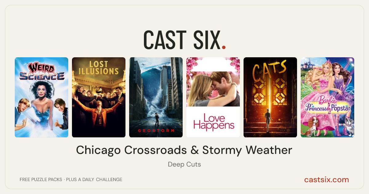 Chicago Crossroads & Stormy Weather: a Cast Six movie puzzle. Six movie posters in a row: Weird Science, Lost Illusions, Geostorm, Love Happens, Cats, Barbie: The Princess & the Popstar. Six movies, six categories, three checks. Free to play at castsix.com.