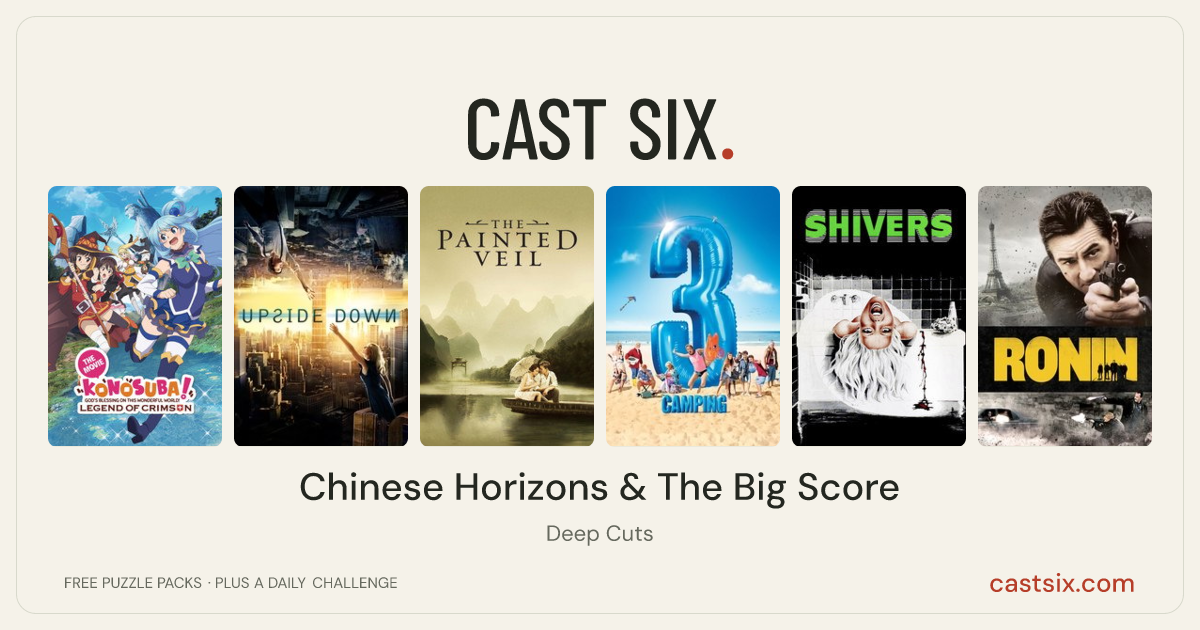 Chinese Horizons & The Big Score: a Cast Six movie puzzle. Six movie posters in a row: KONOSUBA – God's blessing on this wonderful world! Legend of Crimson, Upside Down, The Painted Veil, Camping 3, Shivers, Ronin. Six movies, six categories, three checks. Free to play at castsix.com.
