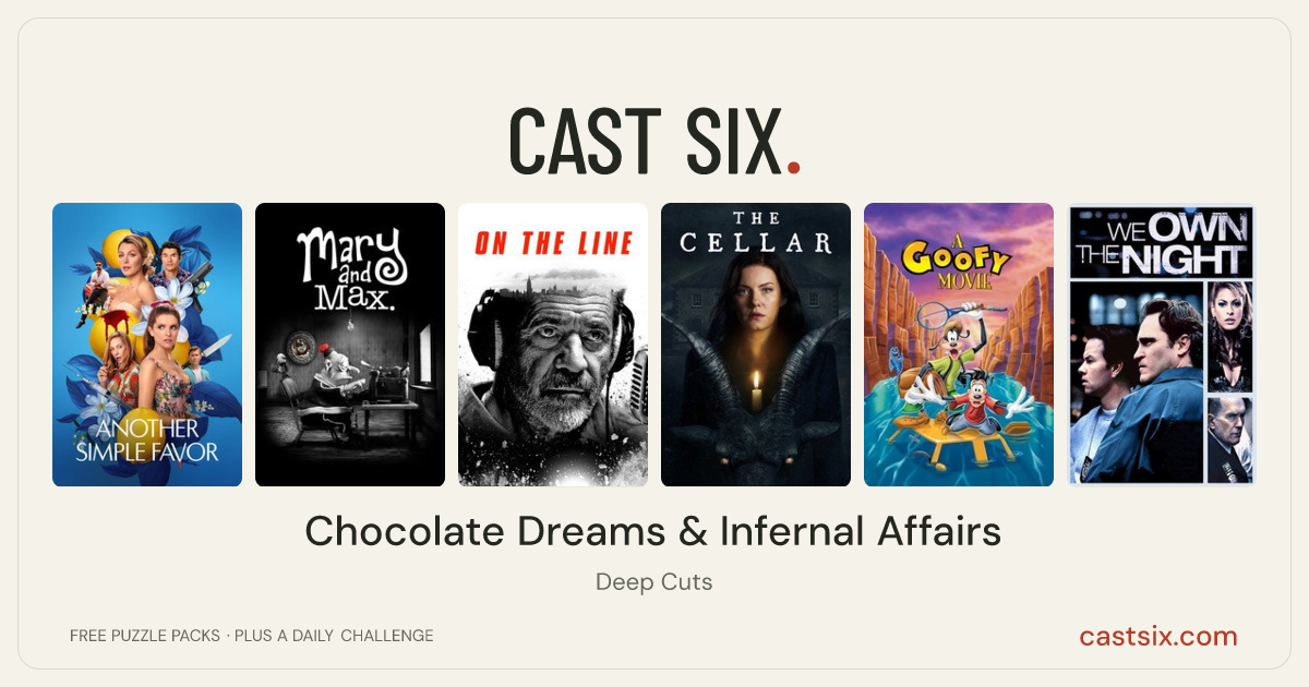 Chocolate Dreams & Infernal Affairs: a Cast Six movie puzzle. Six movie posters in a row: Another Simple Favor, Mary and Max, On the Line, The Cellar, A Goofy Movie, We Own the Night. Six movies, six categories, three checks. Free to play at castsix.com.