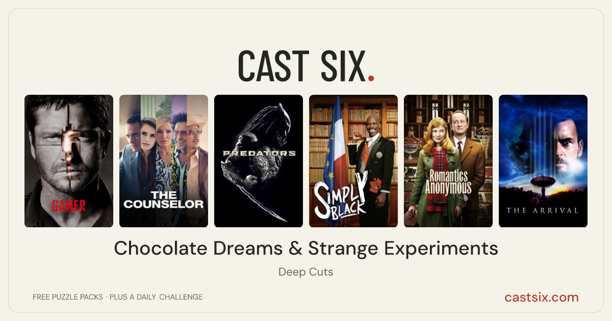 Chocolate Dreams & Strange Experiments: a Cast Six movie puzzle. Six movie posters in a row: Gamer, The Counselor, Predators, Simply Black, Romantics Anonymous, The Arrival. Six movies, six categories, three checks. Free to play at castsix.com.
