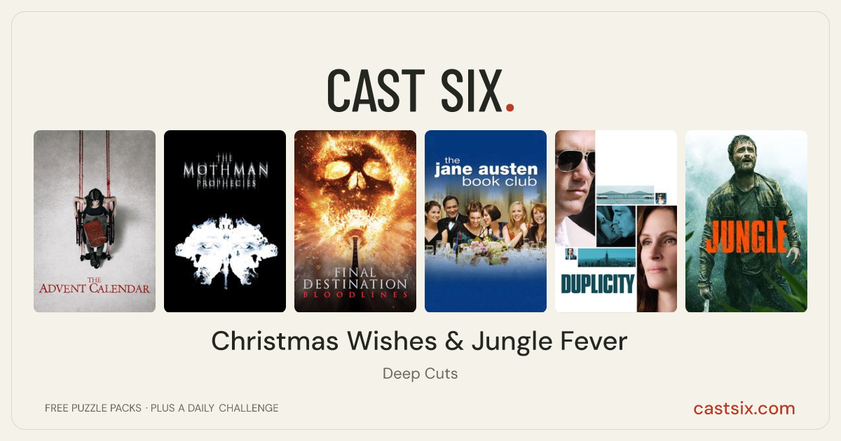 Christmas Wishes & Jungle Fever: a Cast Six movie puzzle. Six movie posters in a row: The Advent Calendar, The Mothman Prophecies, Final Destination Bloodlines, The Jane Austen Book Club, Duplicity, Jungle. Six movies, six categories, three checks. Free to play at castsix.com.