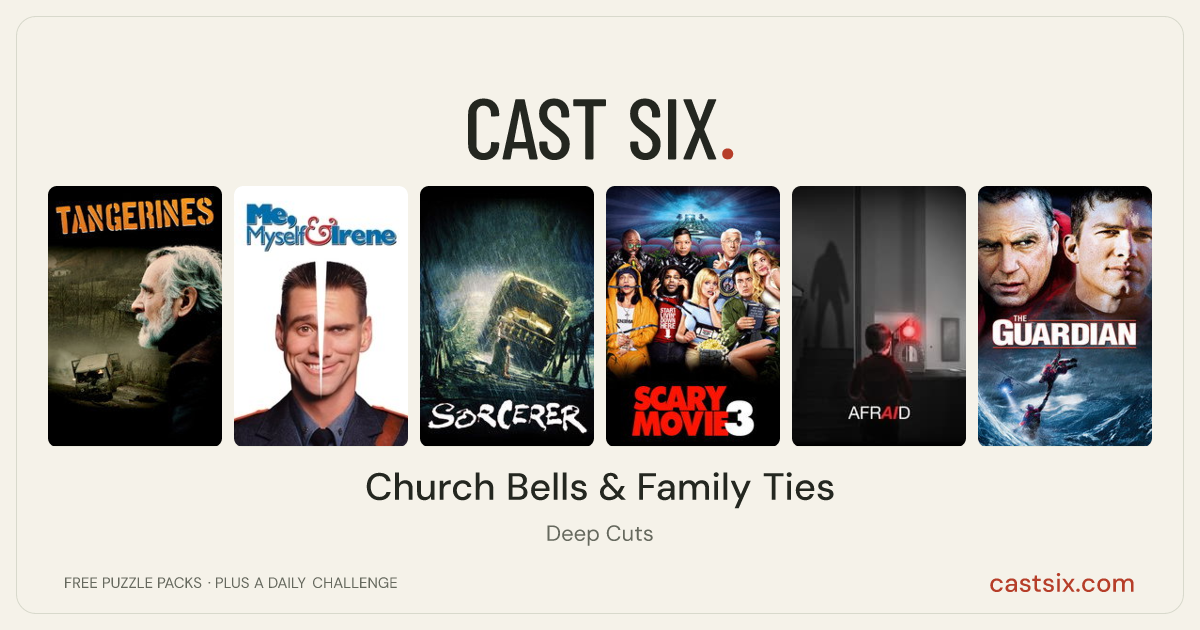 Church Bells & Family Ties: a Cast Six movie puzzle. Six movie posters in a row: Tangerines, Me, Myself & Irene, Sorcerer, Scary Movie 3, Afraid, The Guardian. Six movies, six categories, three checks. Free to play at castsix.com.