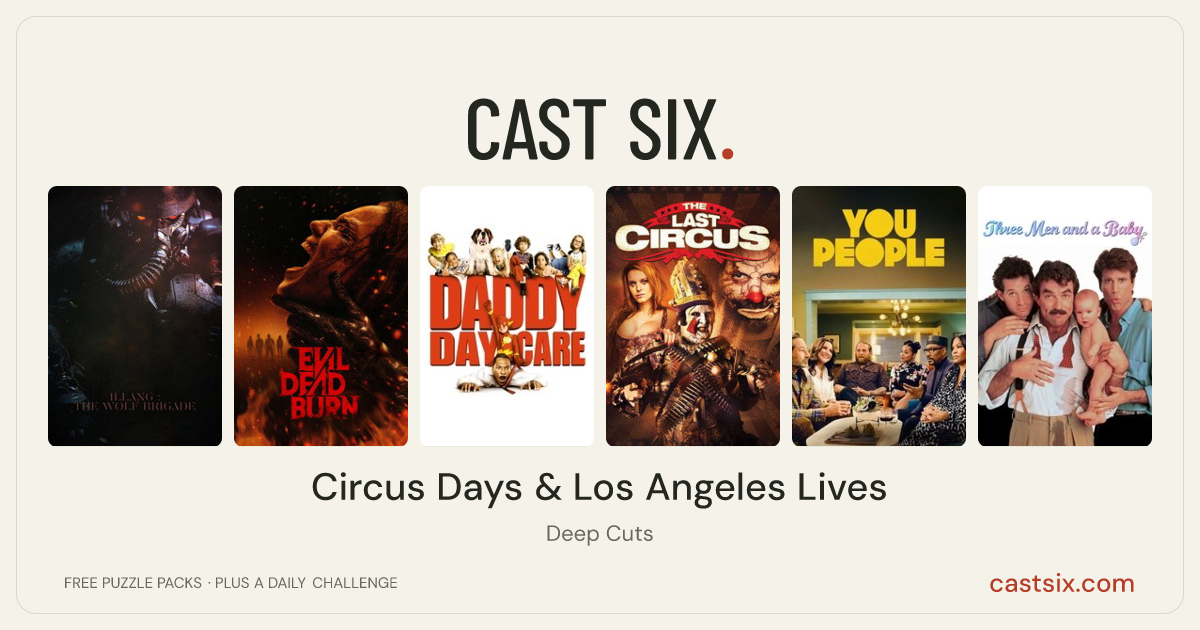 Circus Days & Los Angeles Lives: a Cast Six movie puzzle. Six movie posters in a row: Illang: The Wolf Brigade, Evil Dead Burn, Daddy Day Care, The Last Circus, You People, 3 Men and a Baby. Six movies, six categories, three checks. Free to play at castsix.com.