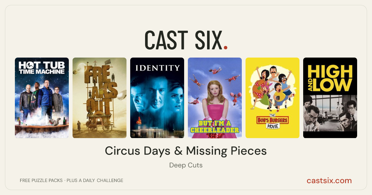 Circus Days & Missing Pieces: a Cast Six movie puzzle. Six movie posters in a row: Hot Tub Time Machine, Freaks Out, Identity, But I'm a Cheerleader, The Bob's Burgers Movie, High and Low. Six movies, six categories, three checks. Free to play at castsix.com.