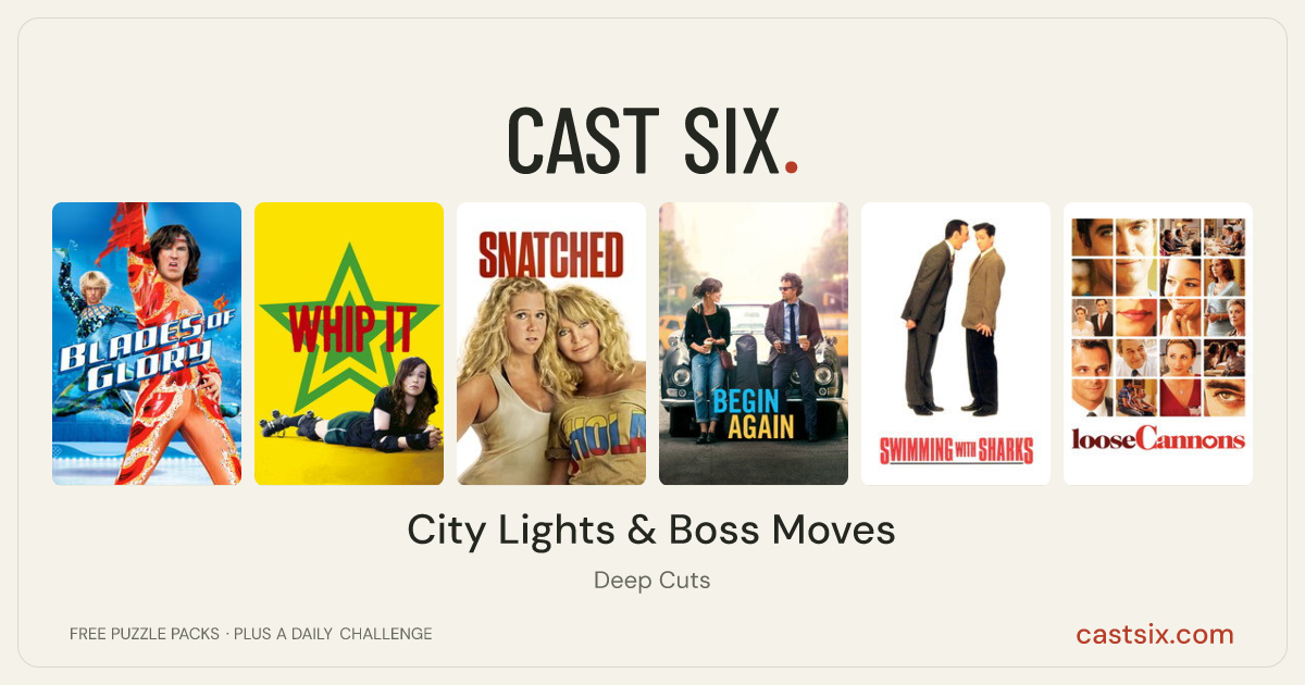 City Lights & Boss Moves: a Cast Six movie puzzle. Six movie posters in a row: Blades of Glory, Whip It, Snatched, Begin Again, Swimming with Sharks, Loose Cannons. Six movies, six categories, three checks. Free to play at castsix.com.