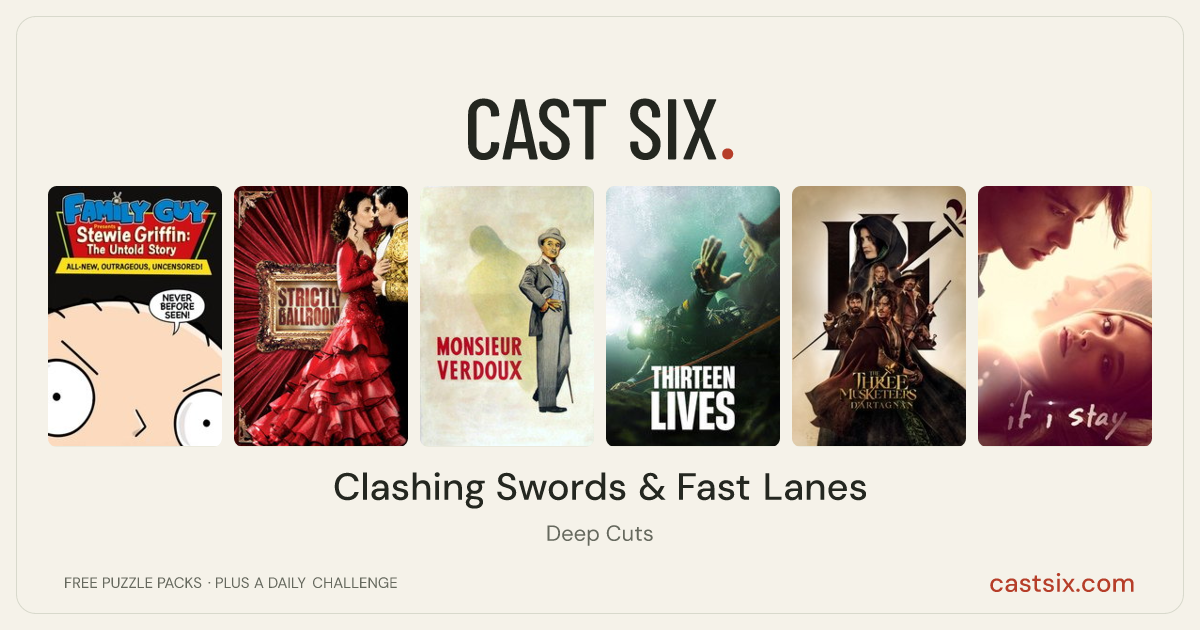 Clashing Swords & Fast Lanes: a Cast Six movie puzzle. Six movie posters in a row: Stewie Griffin: The Untold Story, Strictly Ballroom, Monsieur Verdoux, Thirteen Lives, The Three Musketeers: D'Artagnan, If I Stay. Six movies, six categories, three checks. Free to play at castsix.com.