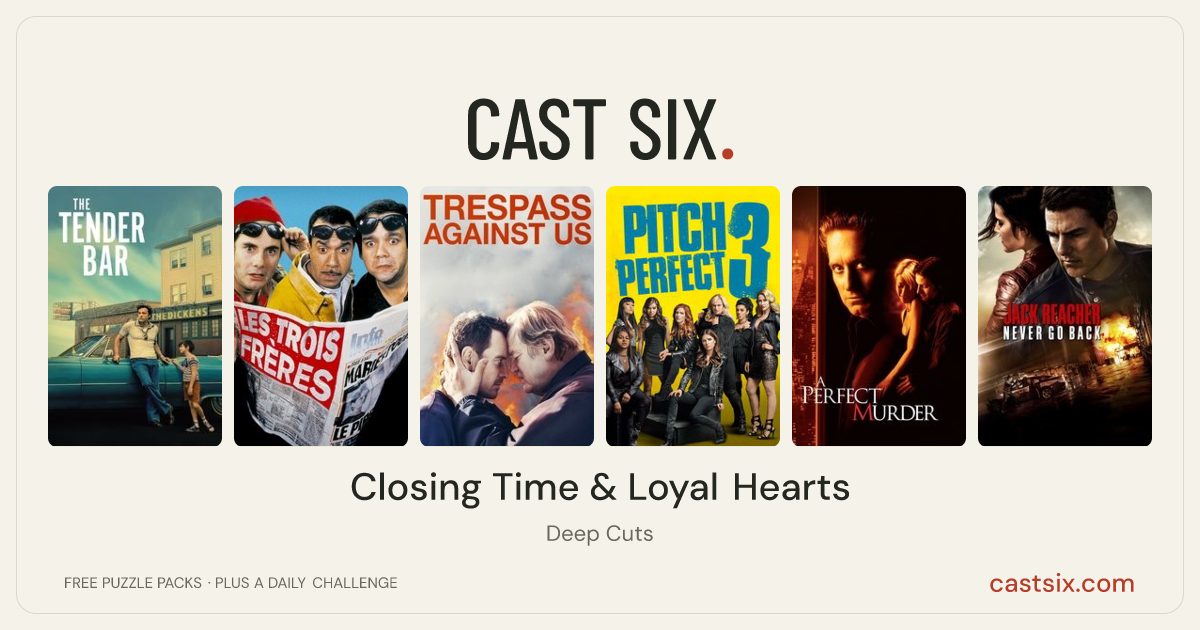 Closing Time & Loyal Hearts: a Cast Six movie puzzle. Six movie posters in a row: The Tender Bar, The Three Brothers, Trespass Against Us, Pitch Perfect 3, A Perfect Murder, Jack Reacher: Never Go Back. Six movies, six categories, three checks. Free to play at castsix.com.