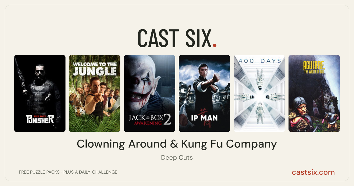 Clowning Around & Kung Fu Company: a Cast Six movie puzzle. Six movie posters in a row: Punisher: War Zone, Welcome to the Jungle, The Jack in the Box: Awakening, Ip Man, 400 Days, Aguirre, the Wrath of God. Six movies, six categories, three checks. Free to play at castsix.com.