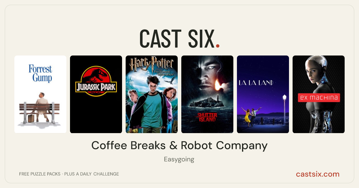 Coffee Breaks & Robot Company: a Cast Six movie puzzle. Six movie posters in a row: Forrest Gump, Jurassic Park, Harry Potter and the Prisoner of Azkaban, Shutter Island, La La Land, Ex Machina. Six movies, six categories, three checks. Free to play at castsix.com.