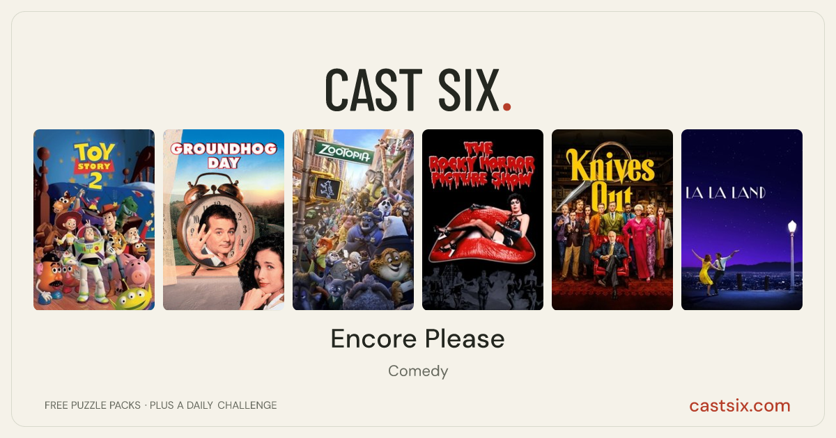 Encore Please: a Cast Six movie puzzle. Six movie posters in a row: Toy Story 2, Groundhog Day, Zootopia, The Rocky Horror Picture Show, Knives Out, La La Land. Six movies, six categories, three checks. Free to play at castsix.com.
