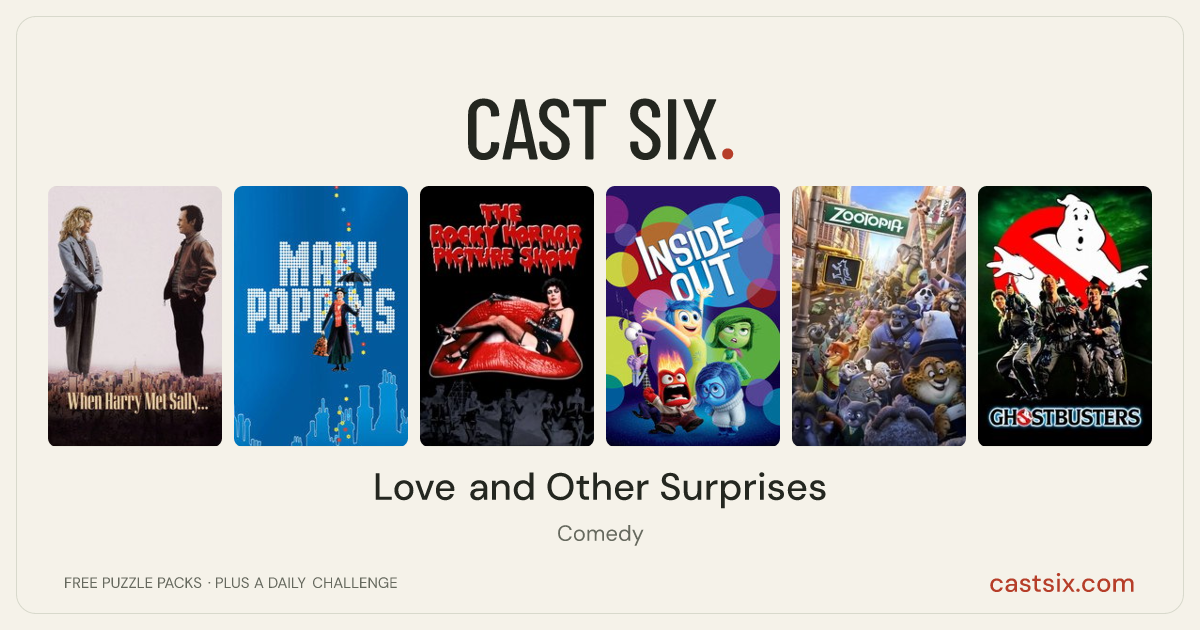 Love and Other Surprises: a Cast Six movie puzzle. Six movie posters in a row: When Harry Met Sally..., Mary Poppins, The Rocky Horror Picture Show, Inside Out, Zootopia, Ghostbusters. Six movies, six categories, three checks. Free to play at castsix.com.