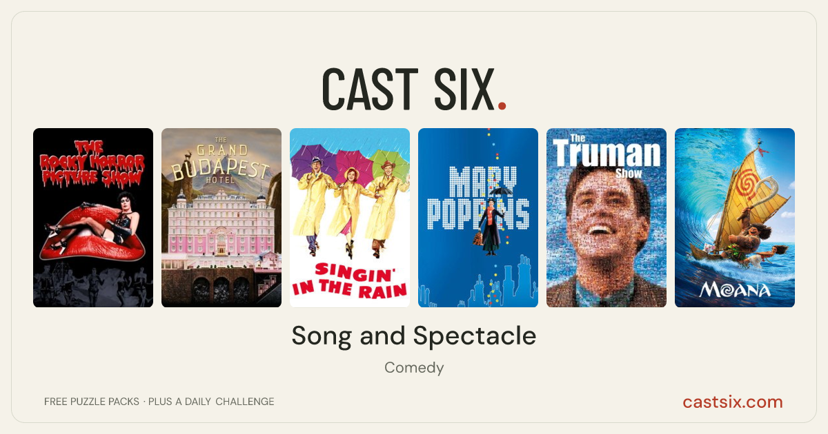 Song and Spectacle: a Cast Six movie puzzle. Six movie posters in a row: The Rocky Horror Picture Show, The Grand Budapest Hotel, Singin' in the Rain, Mary Poppins, The Truman Show, Moana. Six movies, six categories, three checks. Free to play at castsix.com.