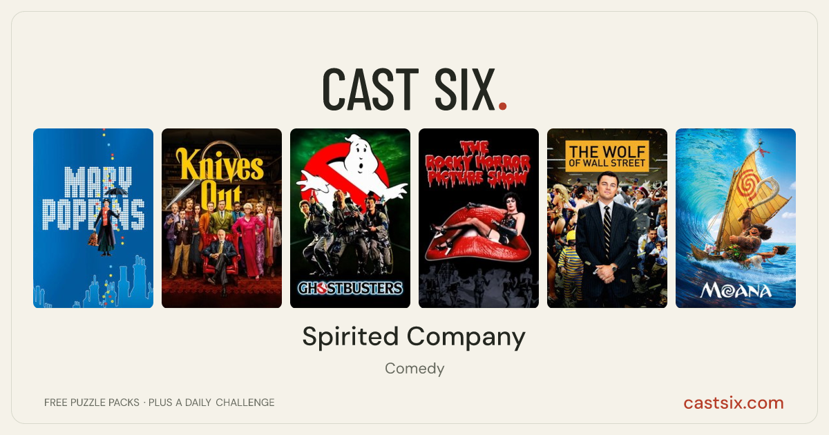 Spirited Company: a Cast Six movie puzzle. Six movie posters in a row: Mary Poppins, Knives Out, Ghostbusters, The Rocky Horror Picture Show, The Wolf of Wall Street, Moana. Six movies, six categories, three checks. Free to play at castsix.com.