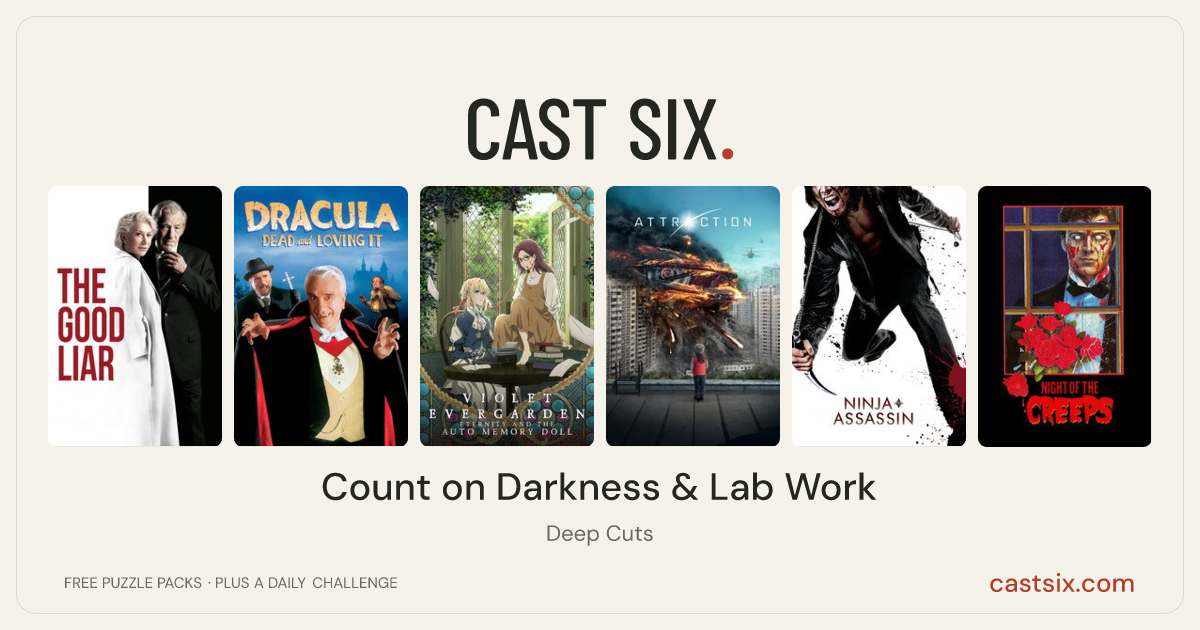 Count on Darkness & Lab Work: a Cast Six movie puzzle. Six movie posters in a row: The Good Liar, Dracula: Dead and Loving It, Violet Evergarden: Eternity and the Auto Memory Doll, Attraction, Ninja Assassin, Night of the Creeps. Six movies, six categories, three checks. Free to play at castsix.com.