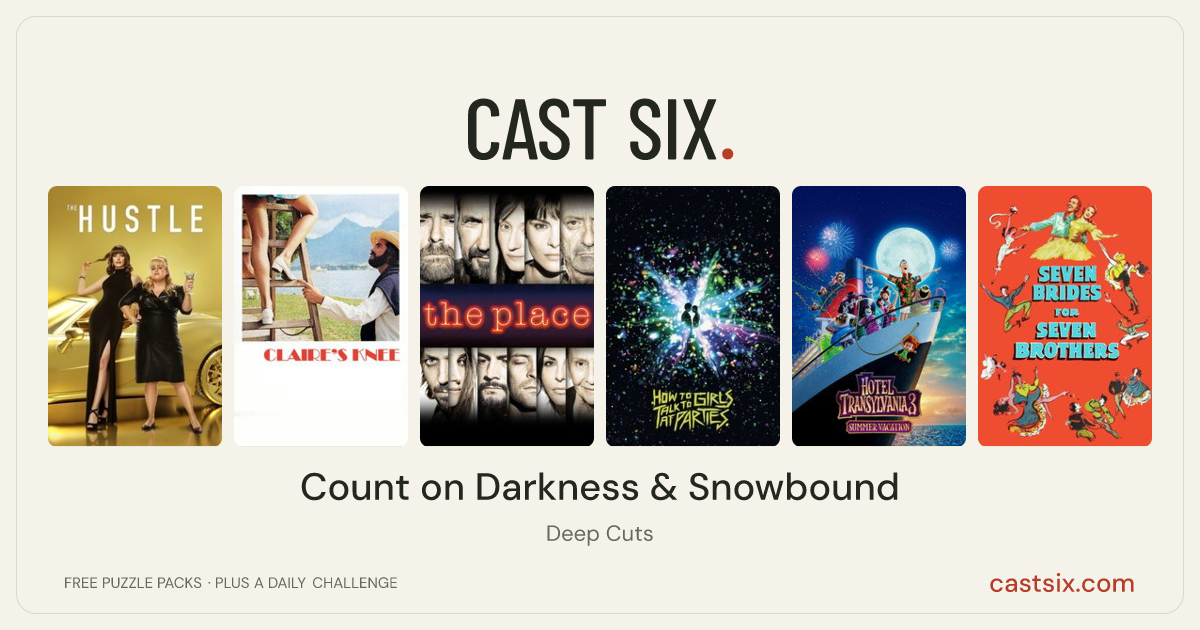 Count on Darkness & Snowbound: a Cast Six movie puzzle. Six movie posters in a row: The Hustle, Claire's Knee, The Place, How to Talk to Girls at Parties, Hotel Transylvania 3: Summer Vacation, Seven Brides for Seven Brothers. Six movies, six categories, three checks. Free to play at castsix.com.