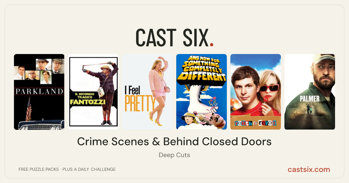 Crime Scenes & Behind Closed Doors: a Cast Six movie puzzle. Six movie posters in a row: Parkland, The Second Tragic Fantozzi, I Feel Pretty, And Now for Something Completely Different, Youth in Revolt, Palmer. Six movies, six categories, three checks. Free to play at castsix.com.
