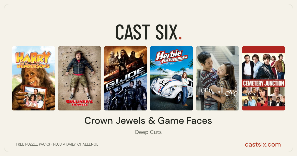 Crown Jewels & Game Faces: a Cast Six movie puzzle. Six movie posters in a row: Harry and the Hendersons, Gulliver's Travels, G.I. Joe: The Rise of Cobra, Herbie Fully Loaded, Tune in for Love, Cemetery Junction. Six movies, six categories, three checks. Free to play at castsix.com.