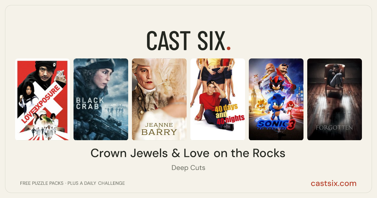 Crown Jewels & Love on the Rocks: a Cast Six movie puzzle. Six movie posters in a row: Love Exposure, Black Crab, Jeanne du Barry, 40 Days and 40 Nights, Sonic the Hedgehog 3, Forgotten. Six movies, six categories, three checks. Free to play at castsix.com.