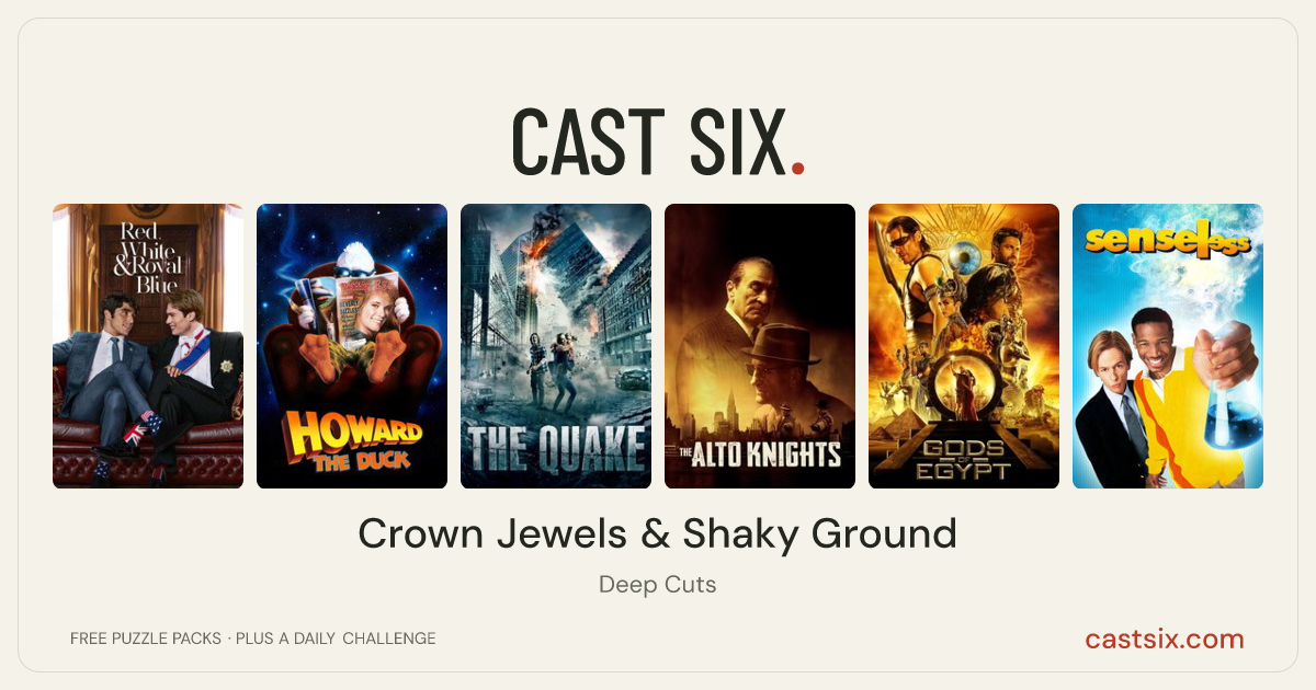 Crown Jewels & Shaky Ground: a Cast Six movie puzzle. Six movie posters in a row: Red, White & Royal Blue, Howard the Duck, The Quake, The Alto Knights, Gods of Egypt, Senseless. Six movies, six categories, three checks. Free to play at castsix.com.