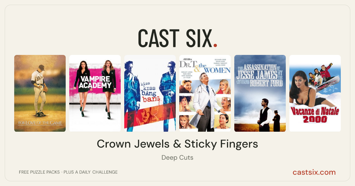 Crown Jewels & Sticky Fingers: a Cast Six movie puzzle. Six movie posters in a row: For Love of the Game, Vampire Academy, Kiss Kiss Bang Bang, Dr. T & the Women, The Assassination of Jesse James by the Coward Robert Ford, Christmas Vacation 2000. Six movies, six categories, three checks. Free to play at castsix.com.