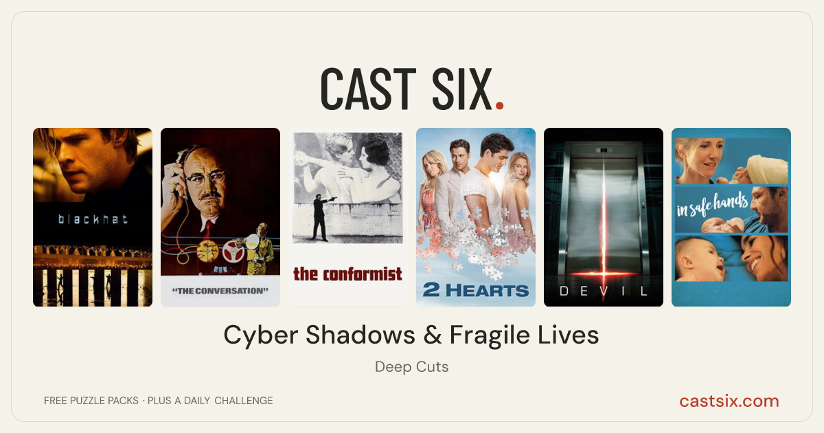Cyber Shadows & Fragile Lives: a Cast Six movie puzzle. Six movie posters in a row: Blackhat, The Conversation, The Conformist, 2 Hearts, Devil, In Safe Hands. Six movies, six categories, three checks. Free to play at castsix.com.