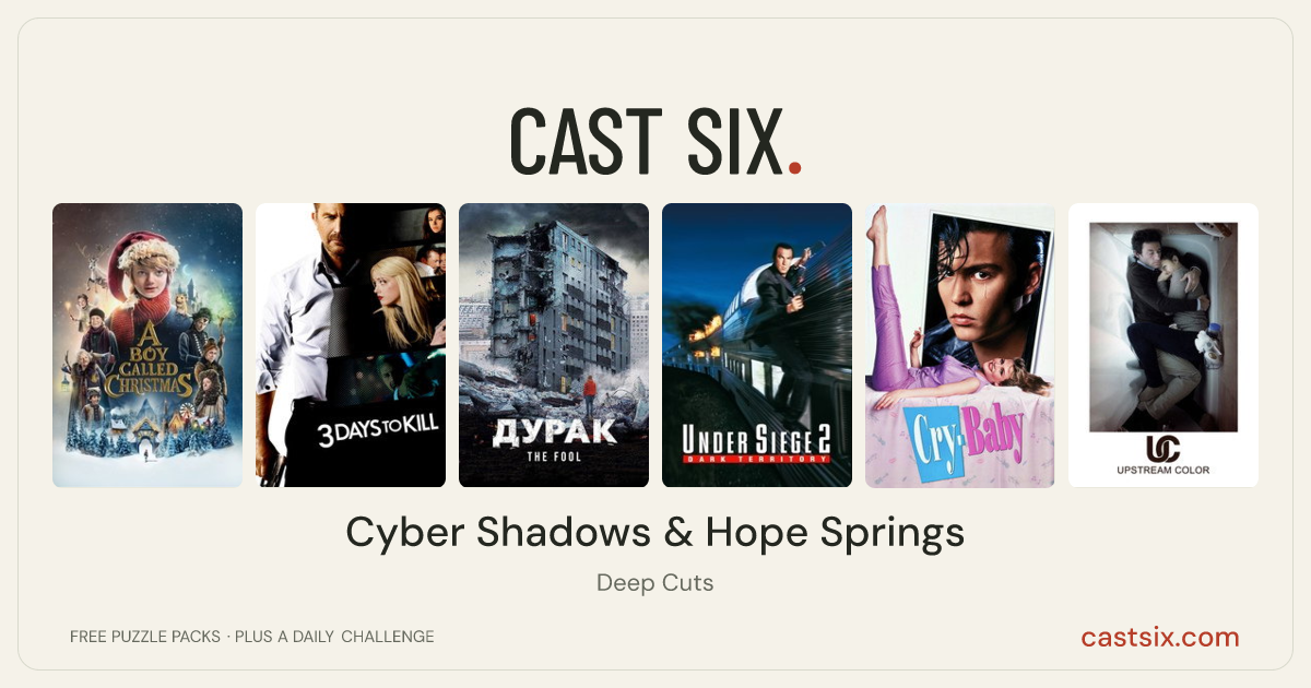 Cyber Shadows & Hope Springs: a Cast Six movie puzzle. Six movie posters in a row: A Boy Called Christmas, 3 Days to Kill, The Fool, Under Siege 2: Dark Territory, Cry-Baby, Upstream Color. Six movies, six categories, three checks. Free to play at castsix.com.