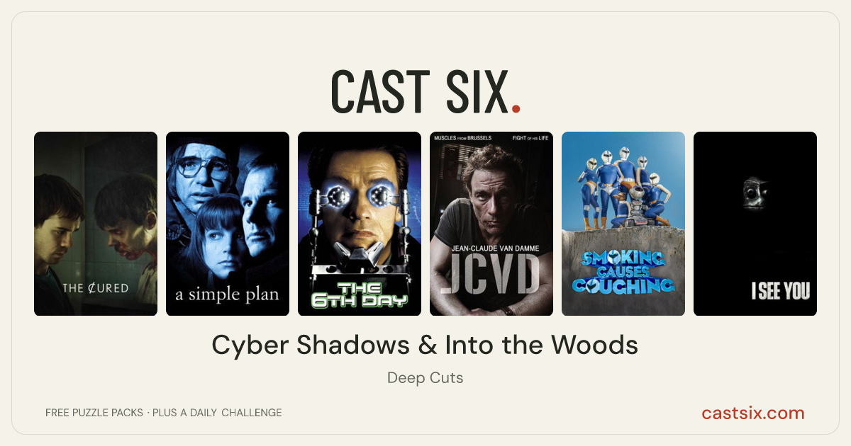 Cyber Shadows & Into the Woods: a Cast Six movie puzzle. Six movie posters in a row: The Cured, A Simple Plan, The 6th Day, JCVD, Smoking Causes Coughing, I See You. Six movies, six categories, three checks. Free to play at castsix.com.