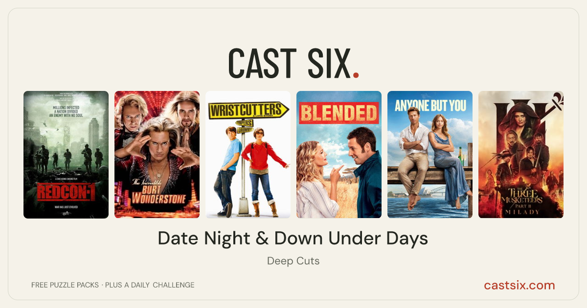 Date Night & Down Under Days: a Cast Six movie puzzle. Six movie posters in a row: Redcon-1, The Incredible Burt Wonderstone, Wristcutters: A Love Story, Blended, Anyone but You, The Three Musketeers: Milady. Six movies, six categories, three checks. Free to play at castsix.com.