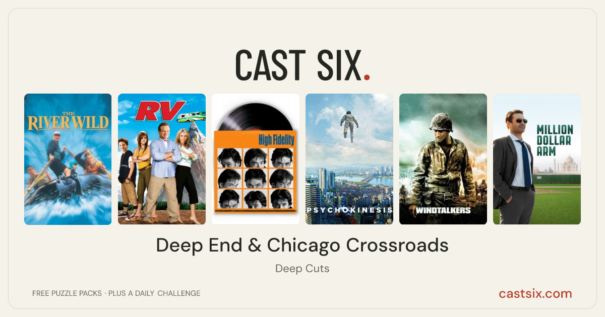 Deep End & Chicago Crossroads: a Cast Six movie puzzle. Six movie posters in a row: The River Wild, RV, High Fidelity, Psychokinesis, Windtalkers, Million Dollar Arm. Six movies, six categories, three checks. Free to play at castsix.com.
