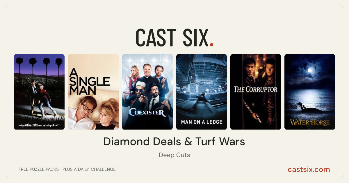 Diamond Deals & Turf Wars: a Cast Six movie puzzle. Six movie posters in a row: Into the Night, A Single Man, Coexist, Man on a Ledge, The Corruptor, The Water Horse. Six movies, six categories, three checks. Free to play at castsix.com.