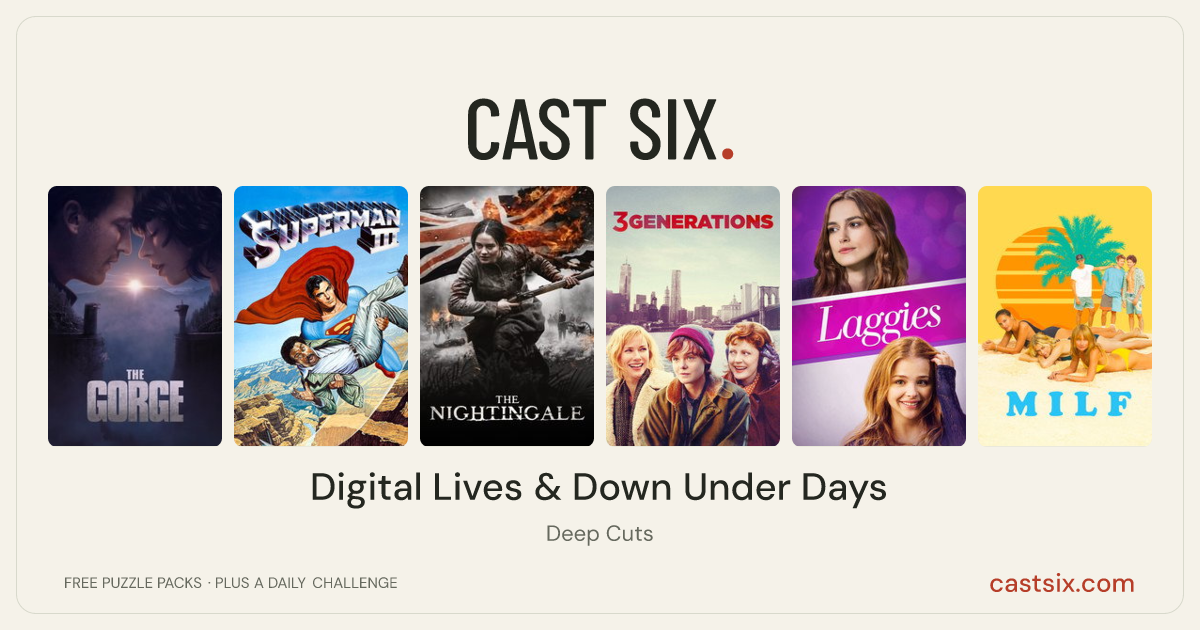 Digital Lives & Down Under Days: a Cast Six movie puzzle. Six movie posters in a row: The Gorge, Superman III, The Nightingale, 3 Generations, Laggies, MILF. Six movies, six categories, three checks. Free to play at castsix.com.