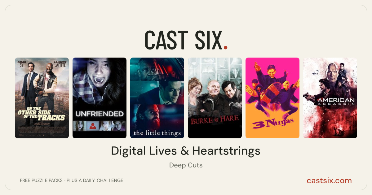Digital Lives & Heartstrings: a Cast Six movie puzzle. Six movie posters in a row: On the Other Side of the Tracks, Unfriended, The Little Things, Burke & Hare, 3 Ninjas, American Assassin. Six movies, six categories, three checks. Free to play at castsix.com.