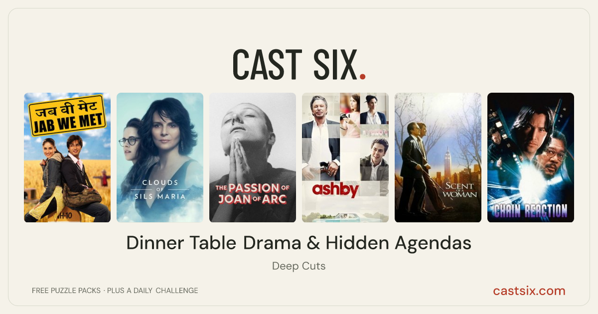 Dinner Table Drama & Hidden Agendas: a Cast Six movie puzzle. Six movie posters in a row: Jab We Met, Clouds of Sils Maria, The Passion of Joan of Arc, Ashby, Scent of a Woman, Chain Reaction. Six movies, six categories, three checks. Free to play at castsix.com.