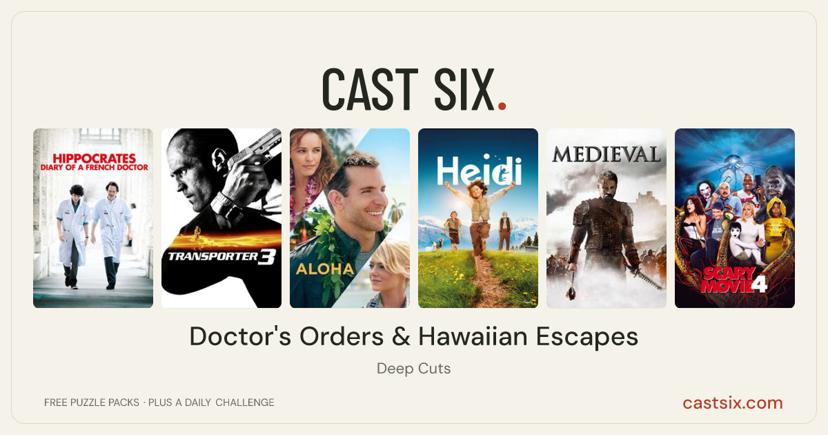 Doctor's Orders & Hawaiian Escapes: a Cast Six movie puzzle. Six movie posters in a row: Hippocrates, Transporter 3, Aloha, Heidi, Medieval, Scary Movie 4. Six movies, six categories, three checks. Free to play at castsix.com.