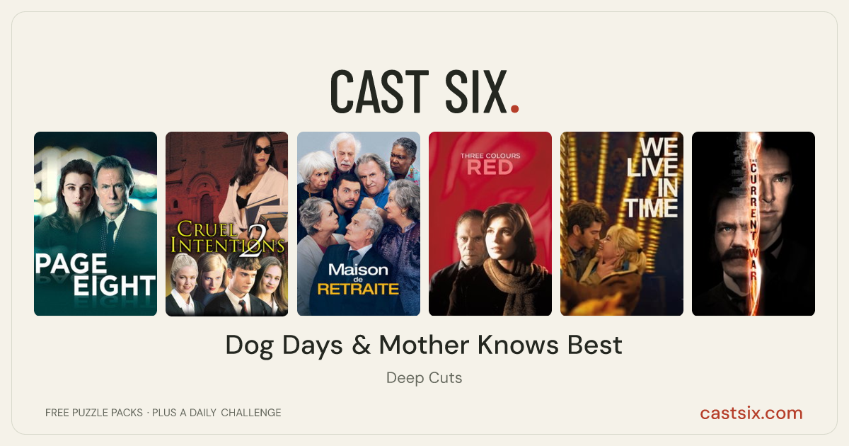 Dog Days & Mother Knows Best: a Cast Six movie puzzle. Six movie posters in a row: Page Eight, Cruel Intentions 2, Retirement Home, Three Colors: Red, We Live in Time, The Current War. Six movies, six categories, three checks. Free to play at castsix.com.