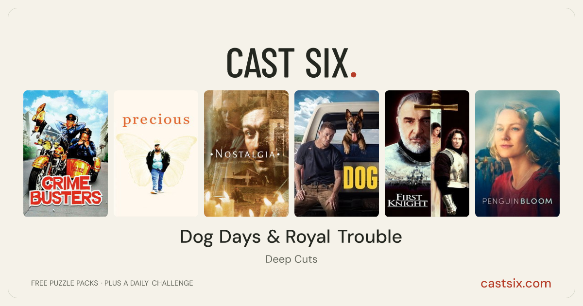 Dog Days & Royal Trouble: a Cast Six movie puzzle. Six movie posters in a row: Crime Busters, Precious: Based on the Novel 'Push' by Sapphire, Nostalgia, Dog, First Knight, Penguin Bloom. Six movies, six categories, three checks. Free to play at castsix.com.