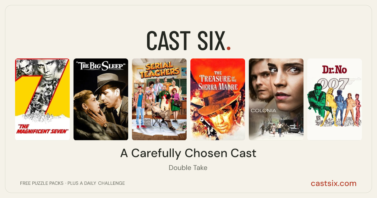 A Carefully Chosen Cast: a Cast Six movie puzzle. Six movie posters in a row: The Magnificent Seven, The Big Sleep, Serial Teachers, The Treasure of the Sierra Madre, Colonia, Dr. No. Six movies, six categories, three checks. Free to play at castsix.com.