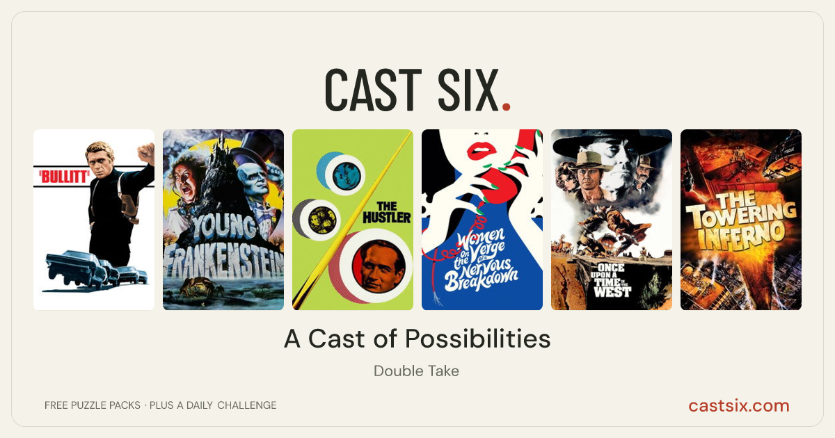 A Cast of Possibilities: a Cast Six movie puzzle. Six movie posters in a row: Bullitt, Young Frankenstein, The Hustler, Women on the Verge of a Nervous Breakdown, Once Upon a Time in the West, The Towering Inferno. Six movies, six categories, three checks. Free to play at castsix.com.
