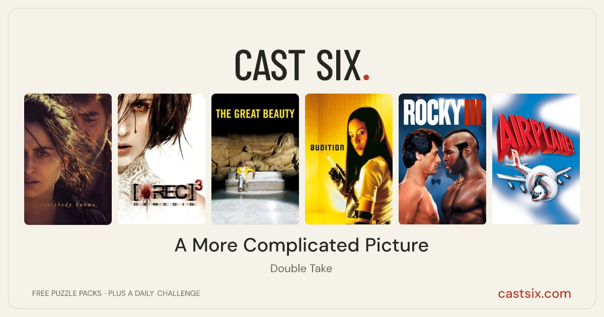 A More Complicated Picture: a Cast Six movie puzzle. Six movie posters in a row: Everybody Knows, [REC]³ Genesis, The Great Beauty, Audition, Rocky III, Airplane!. Six movies, six categories, three checks. Free to play at castsix.com.